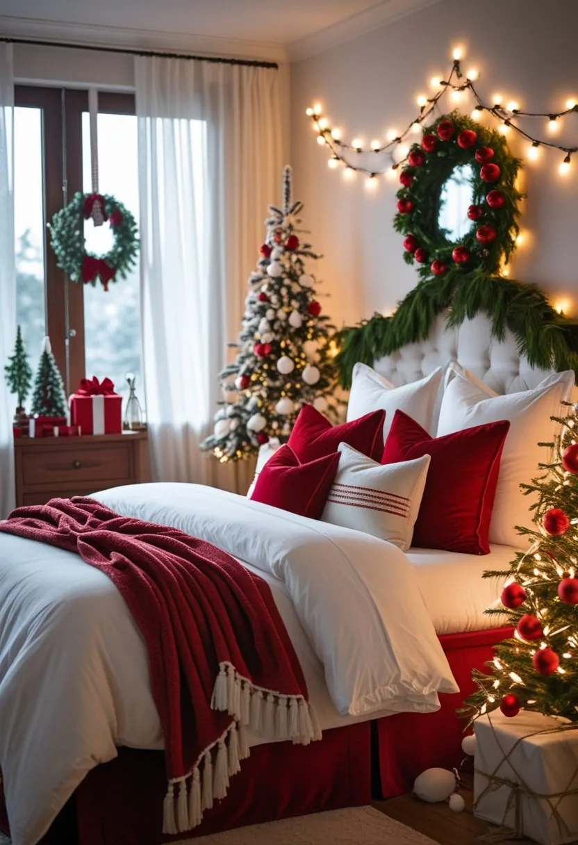A bedroom decorated for Christmas with red and white bedding, fairy lights, pine garlands, and a small Christmas tree on a nightstand.