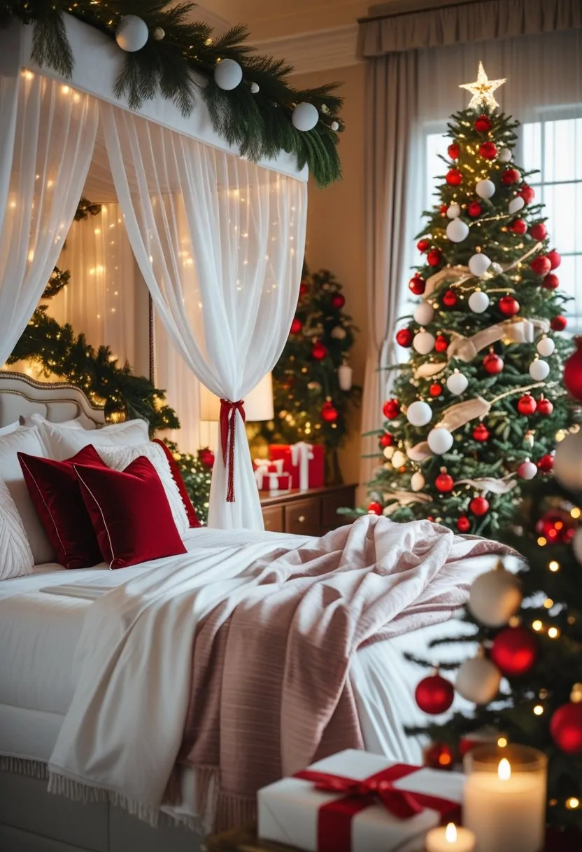 A bedroom with an elegant canopy bed decorated in red and white Christmas décor, featuring a Christmas tree and festive ornaments.