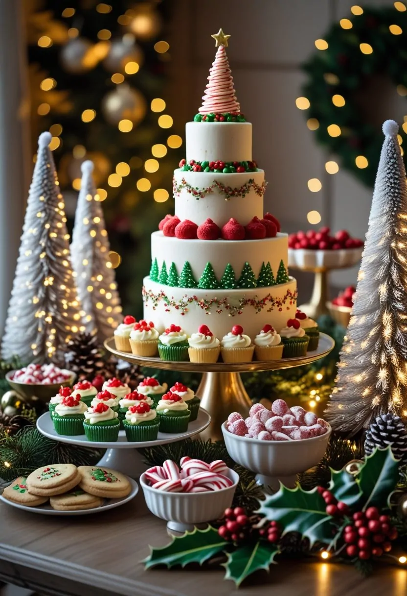A festive Christmas dessert table with decorated cookies, cupcakes, a tiered cake, frosted miniature Christmas trees, and holiday decorations including pinecones and ornaments.