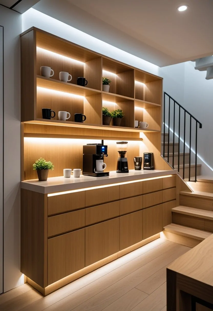 An under-stairs coffee bar with wooden cabinets, a coffee machine, shelves with mugs and plants, and a countertop with coffee accessories.