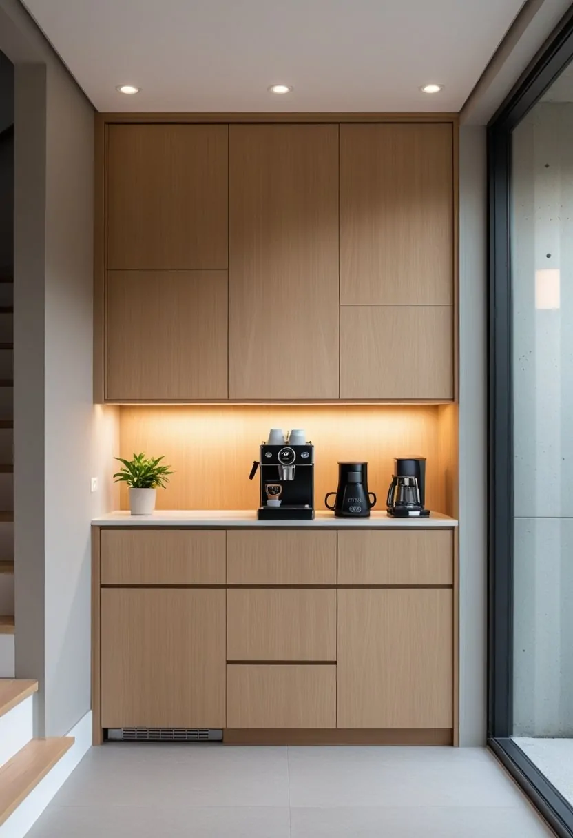 Under-stairs space transformed into a coffee bar with wood cabinetry, coffee machine, and small plant.