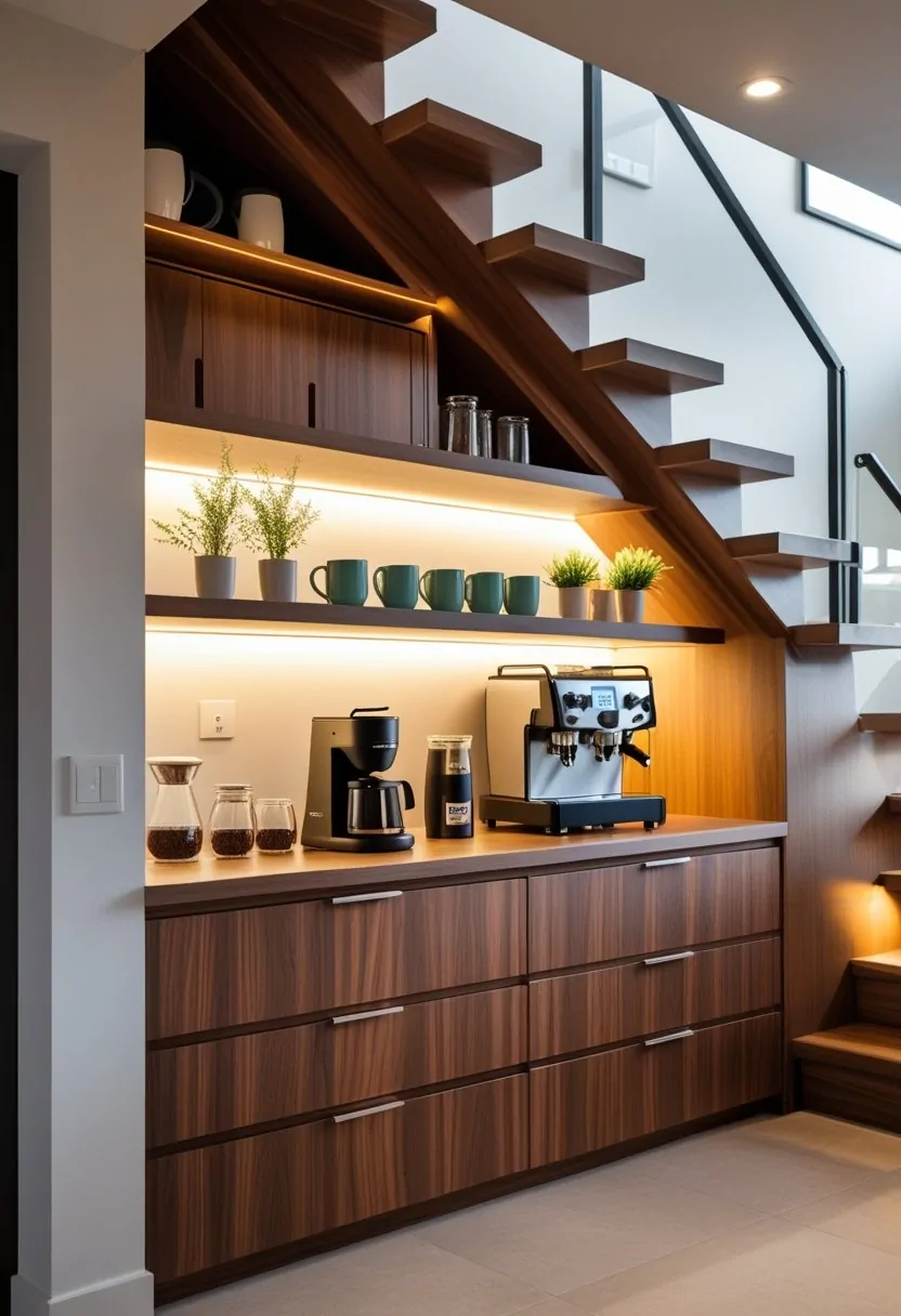 Under-stairs coffee bar with wood cabinetry, coffee machine, shelves with mugs and jars, and warm lighting in a modern home interior.
