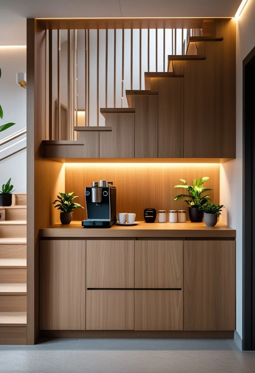 Under-stairs coffee bar with wood cabinetry, countertop coffee setup, and ambient lighting in a modern interior.