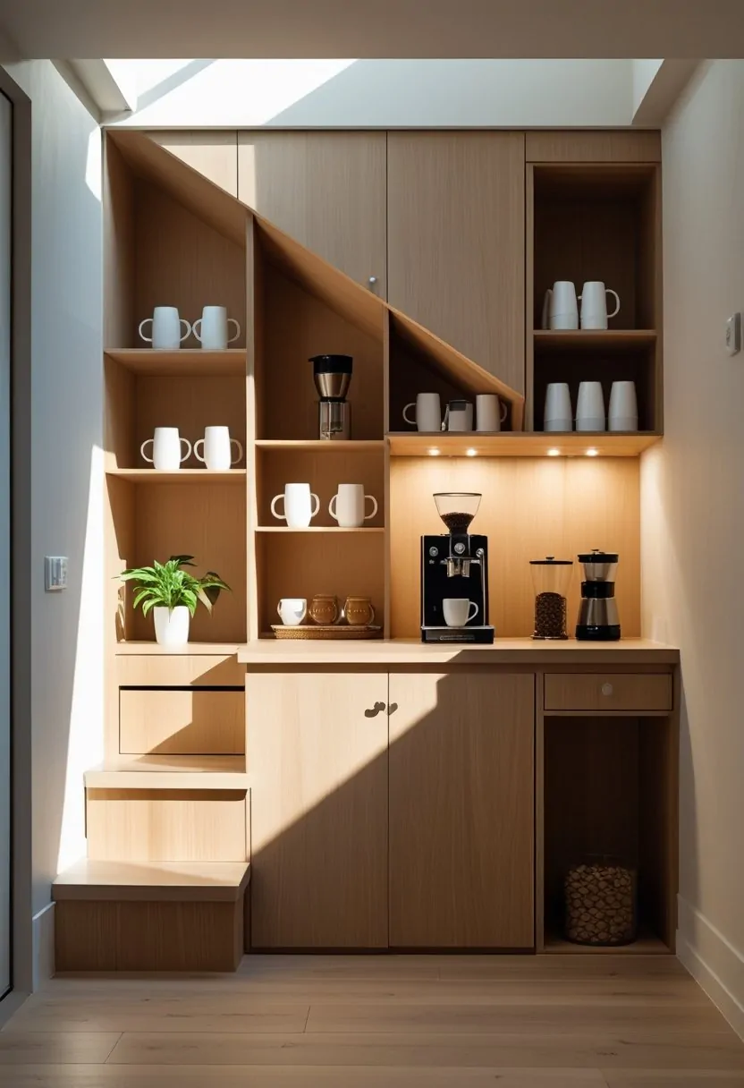 A compact coffee bar built under a staircase with wood cabinets, coffee equipment, and small plants.