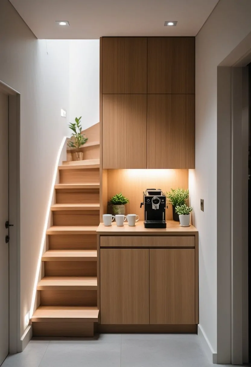 Under-stairs coffee bar with wood cabinetry, coffee machine, mugs, and small plants in a compact space.