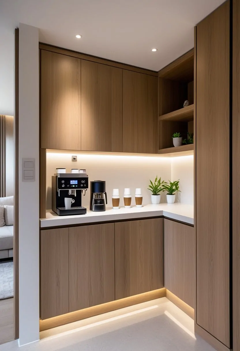 Under-stairs coffee bar with wood cabinetry, coffee machine, cups, and plants in a modern living room.